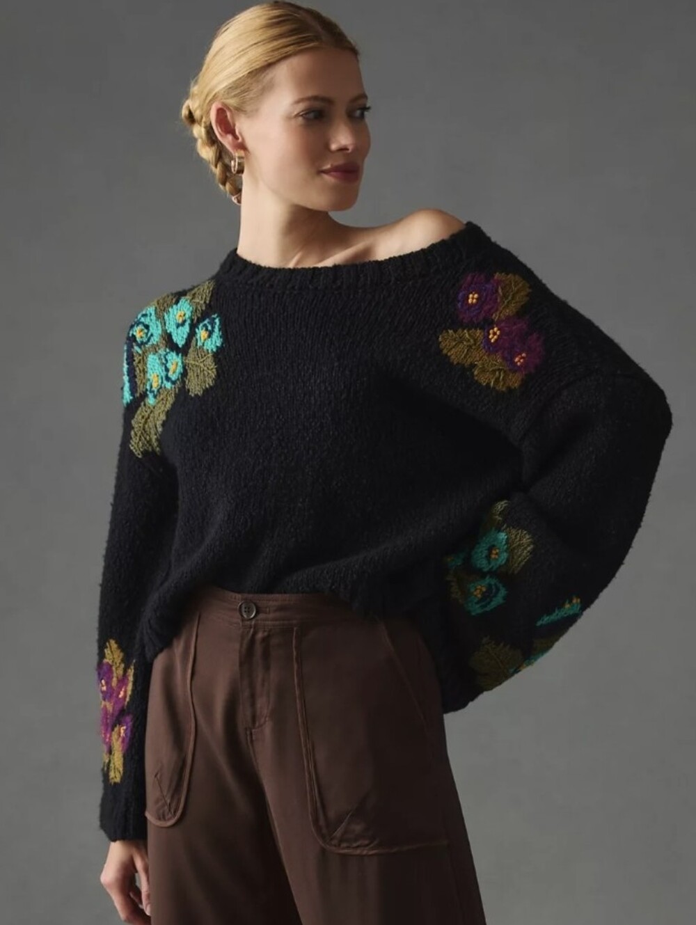 Anthropologie Maeve Embroidered Crop Sweater Black Cotton Blend